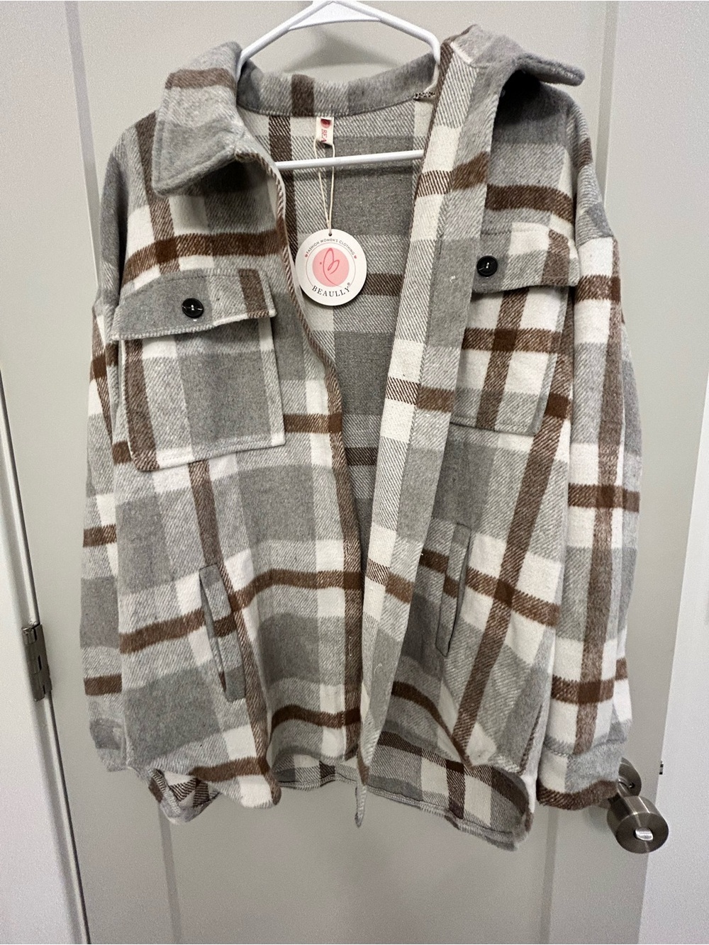 Beaully Plaid Shacket Jacket in Gray, White & Brown